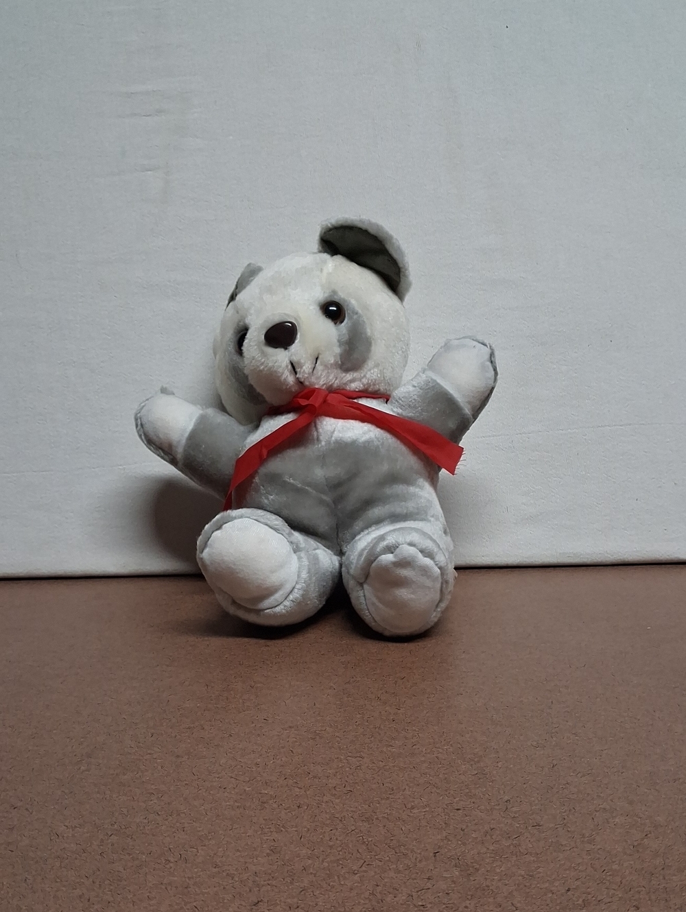 Plush Gray Dog Toy with Red Bow - Soft Cuddly Pet Toy